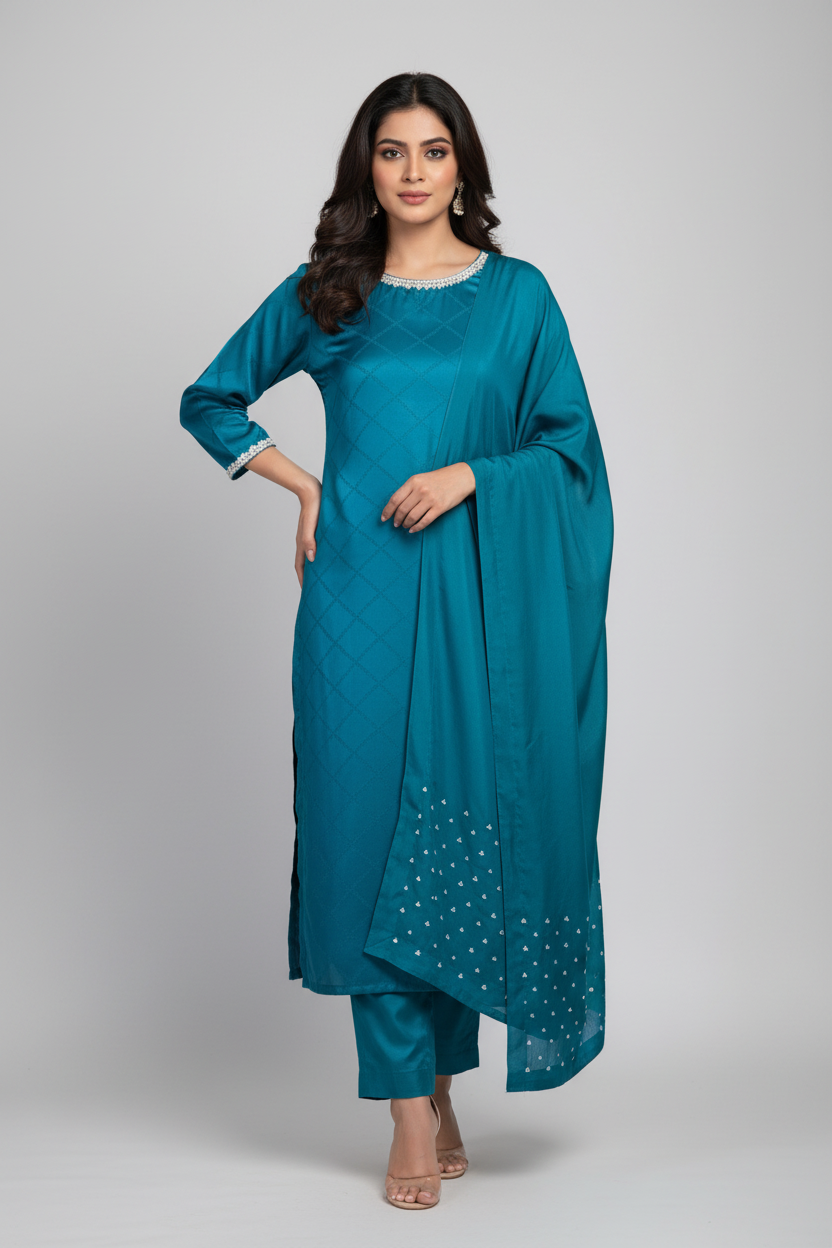 Deep Sea Teal Silk Stitched 3 Piece Suit