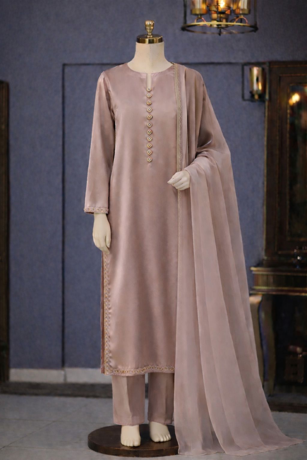 Earthen Beige Glow Silk 3 Piece Stitched Suit