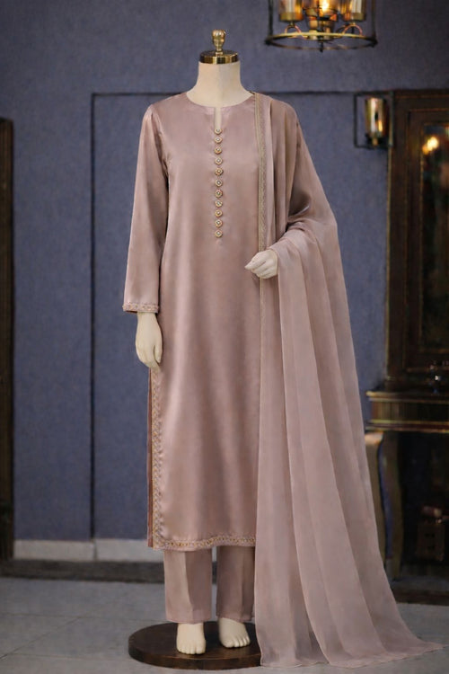 Earthen Beige Glow Silk 3 Piece Stitched Suit